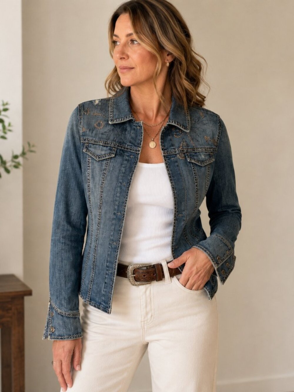 Elie Tahari Denim Jacket Embroidered Distressed Y2K Boho Western Women’s